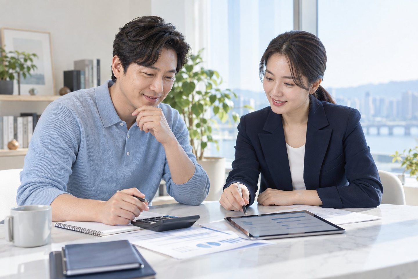 테이블에서 계약 내용을 확인하는 두 사람 — 카드 PG사 수수료 정산서정산서, 한 장에 다 들어 있어요. 연락 주시면 줄마다 같이 짚어 드립니다.