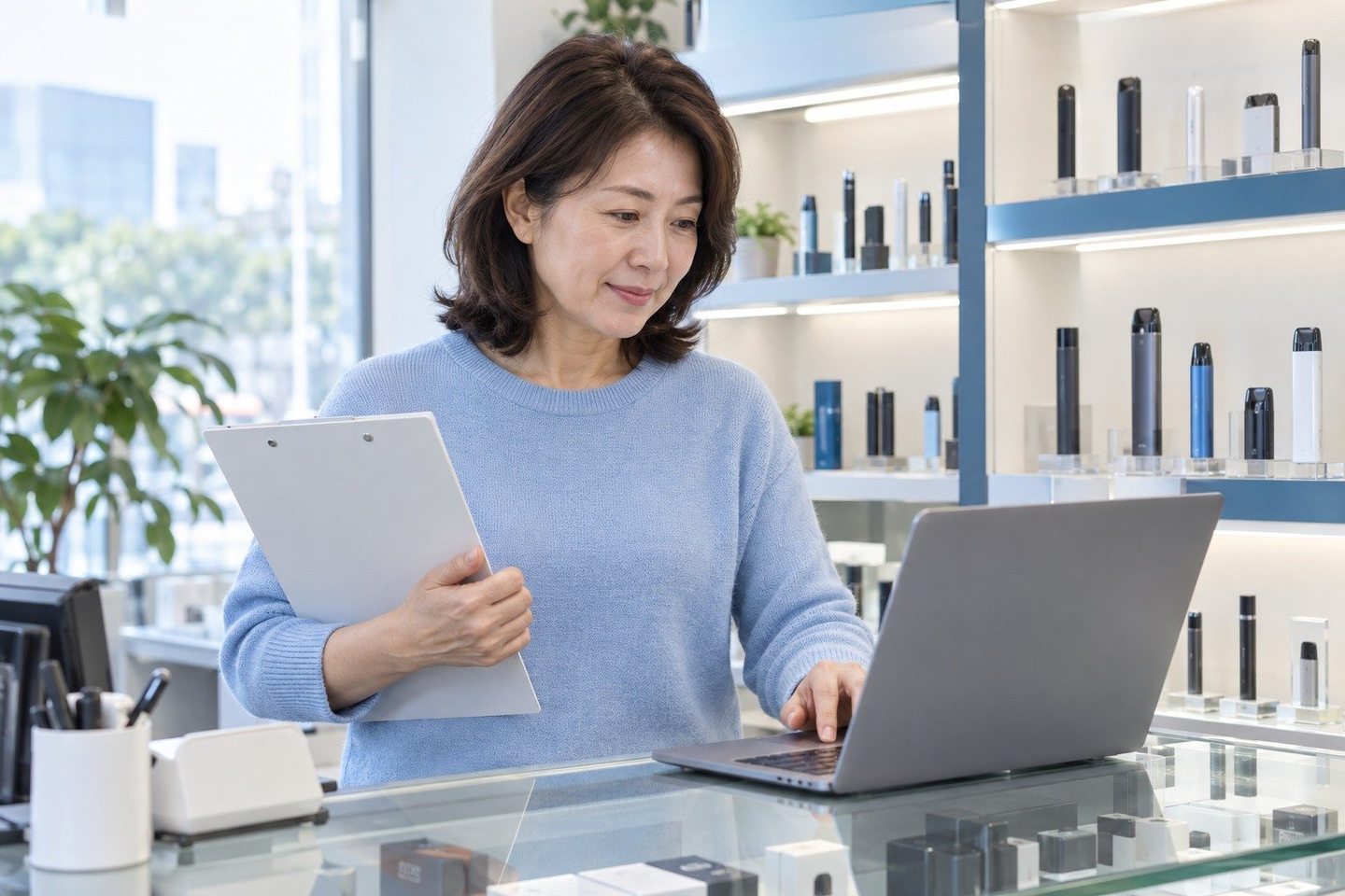 온라인 업무를 위해 노트북을 사용하는 여성 — 카드 PG사 수수료 단말기 교체단말기 교체, 기기 줄도 대 보세요. 연락 주시면 계산대에 맞는 기기를 같이 고릅니다.